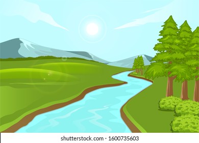 Vector illustration of natural landscape of mountains with meadows and rivers