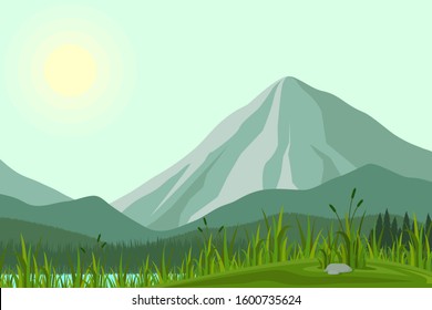 Vector illustration of natural landscape of mountains with meadows
