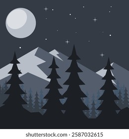 Vector illustration of a natural landscape at night in cartoon style. Featuring mountains, trees, and a starry sky, this dreamy and peaceful scenery is perfect for backgrounds and designs