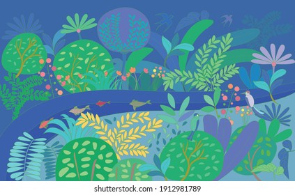 Vector illustration of natural landscape plants flowers and birds