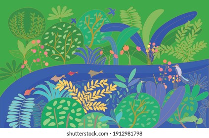 Vector illustration of natural landscape plants flowers and birds