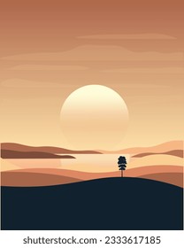 Vector illustration. Natural landscape, sunset, evening, travel poster, banner.