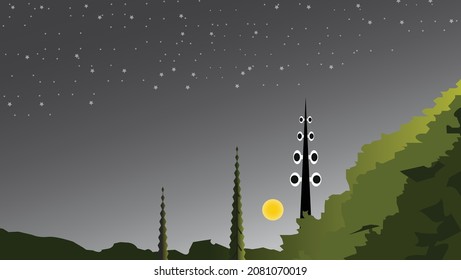 a vector illustration of a natural landscape with trees, tower, moon and stars at night