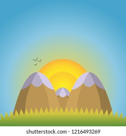 vector illustration of a natural landscape two mountains with snow caps in the foreground and one mountain behind against the rising sun and blue sky with a flock of birds and green grass.