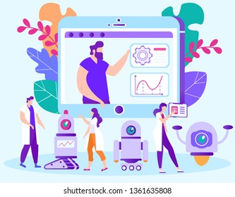 Vector Illustration Natural Learning Manner Flat. Girls and Boys are Engaged in Distance Modern Learning Robotics. Man Teaches with Help Graphics Diagrams via Video Blog Cartoon Flat.