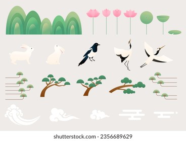 Vector illustration of natural objects in Korean traditional style.