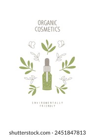 Vector illustration of Natural organic cosmetics. Serum for skin care. Moisture essence for skin. Daily skin care routine concept.