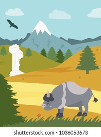 Vector illustration of natural park. Scene with bison, geyser and mountains