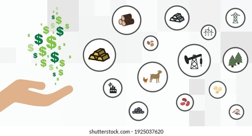 Vektorgrafik natürlicher Ressourcen und Hände, die Geld für Naturgüter bezahlen