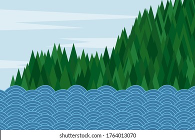 Vector illustration. Natural scene. Forest near sea or river. Green and blue color. Environment backdrop. Wavy pattern water.  Decoration shape. Minimalist wallpaper. Flat background. Panorama