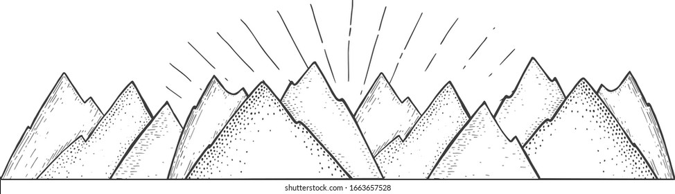 Vector illustration of natural scene. Simple linear sketchy mountains landscape strip panorama. Vintage hand drawn style.