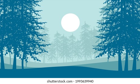 Vector illustration of natural scenery. Natural scenery background. Vector illustration of trees and morning sun