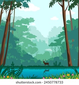 Vector illustration of natural scenery in the deep forest.
