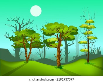 vector illustration of natural scenery in the forest with a cloudy atmosphere, suitable for background design or collection