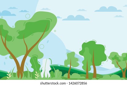 Vector Illustration with Natural Scenic View. Cartoon Forest or Wild Park Vegetation Landscape. Ecological Lifestyle Banner. Cover with Green Trees, Bushes, Grass, Hills and blue Sky. Rural Location