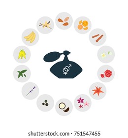 vector illustration of natural scents colored icons and fragrance bottle