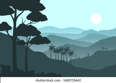 vector illustration of natural silhouette landscape in the mountains of tropical forests