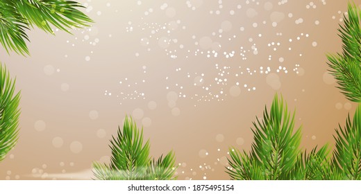 Ilustración vectorial del fondo natural de invierno nevado con ramas de pino congeladas.