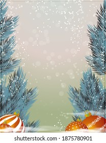 Vector illustration of Natural Snowy Winter Christmas background, frozen pine branches and christmas decoration balls on floor.