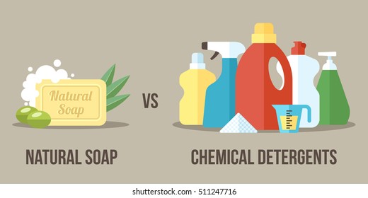 Vector illustration of natural soap vs. chemical detergents. Healthy and natural household cleaning concept. Flat style.