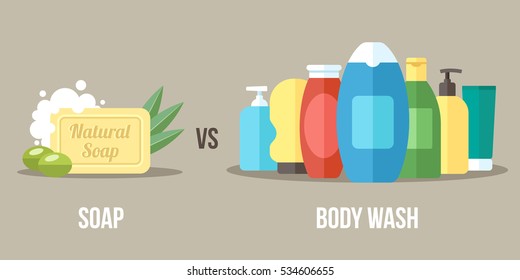 Vector illustration of natural soap vs. chemical body wash. Healthy and natural body care concept. Flat style.