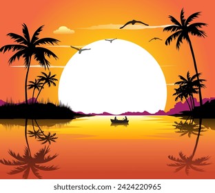 Ilustración vectorial, vista natural del mar de la tarde.