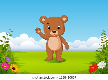 vector illustration of the natural view with a little brown bear waving his hand