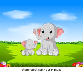 vector illustration of the natural view with the mother elephant and her baby playing in the garden