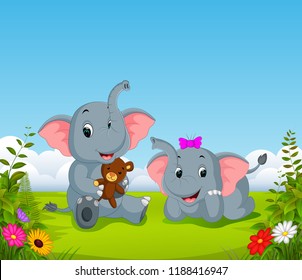 vector illustration of the natural view with the two elephant playing the doll in the yard