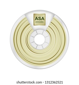 Vector illustration of natural white and yellow asa filament for 3D printing wounded on the spool with a name ASA. Plastic material for a 3D printer – Acrylonitrile styrene acrylate isolated on white