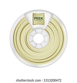 Vector illustration of natural white and yellow peek filament for 3D printing wounded on the spool with a name PEEK. Durable plastic material for a 3D printer. Polyether ether ketone isolated on white