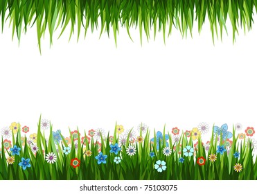 Vector illustration of a nature background with grass and flowers
