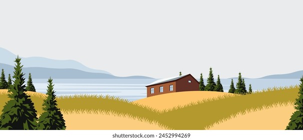 Vector illustration. Nature background, horizontal banner, background for landing page, background for website. Forest, farm, sea, mountains, house, Scandinavia. Modern design.