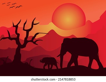 Vector illustration in nature background. landscape with animals.tree,sunset -background for banner,greeting crad,poster. eps10 vector.