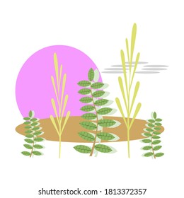 Vector illustration of nature background, leaves and shrubs on the background of the sun and abstract style elements.Pattern.