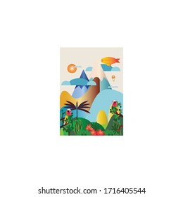 vector illustration of nature with birds, trees and mountain background.