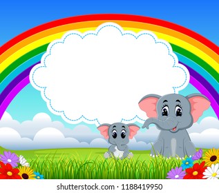 vector illustration of the nature blue sky view with the cloud board blank space and two elephant