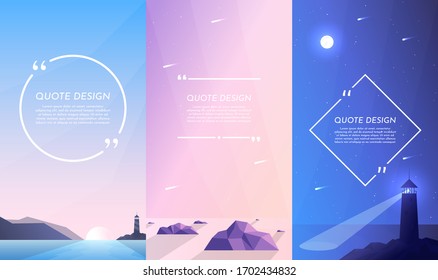 Vector illustration. Nature concept. Design for flyers, posters, social media stories with quote box. Flat landscape. Lighthouse near sea, low poly style rocks in water, night scene with moon light. 