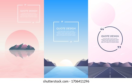 Vector illustration. Nature concept. Design for flyers, posters, social media stories with quote box. Flat landscape. Rock island with water reflection, sunset between hills, road and mountain