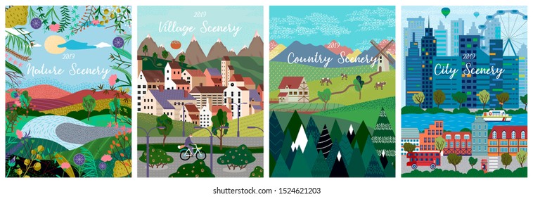 Vector illustration of Nature, country, city landscapes, village. Natural background , urban and rustic banner card,  brochure, poster or cover