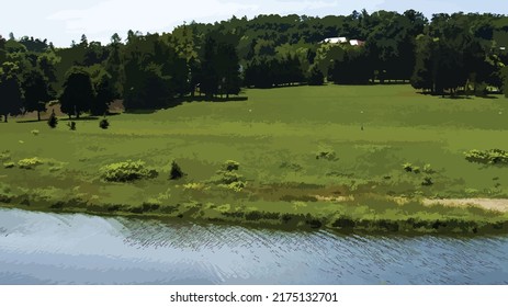 Ilustración vectorial de la naturaleza de la República Checa. Un prado con árboles y un río que fluye por la parte baja. Día soleado, verano, viajes, medio ambiente.