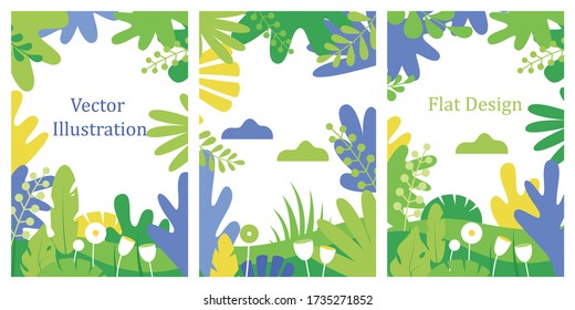 Vector illustration nature elements leaves, flowers, grass, clouds, with white space for text abstract simple style background  