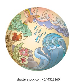vector illustration of nature elements in vintage tattoo style.