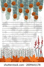 Vector illustration of nature, forest, park, garden in autumn. Here spruce, cones, heather, lily of valley berries, fallen leaves. There are hand drawn lines. Format notepad sheet, A6.