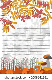 Vector illustration of nature, forest, park, garden in autumn. Here mountain ash branches and berries, mushrooms, lily of valley berries, fallen leaves. Hand drawn lines. Format notepad sheet, A6.