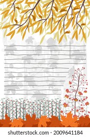 Vector illustration of nature, forest, park, garden in autumn. Here branches Willow, lily of valley berries, fallen leaves, Thalictrum delavayi. There are hand drawn lines. Format notepad sheet, A6.