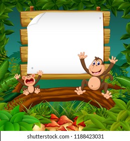 vector illustration of the nature forest view with the wooden board blank space and two happy monkey