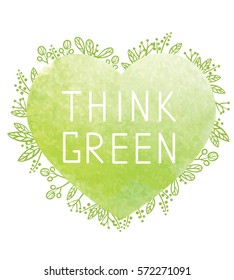 Vector illustration of a nature frame with green heart and text 'Think green'