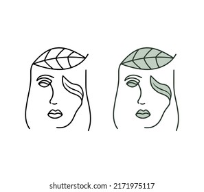 Vector illustration of a nature girl in a linear and filled outline style. Girl head with leaves logo design isolated on white background.