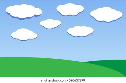 Vector illustration of nature - green meadow and cloud sky.